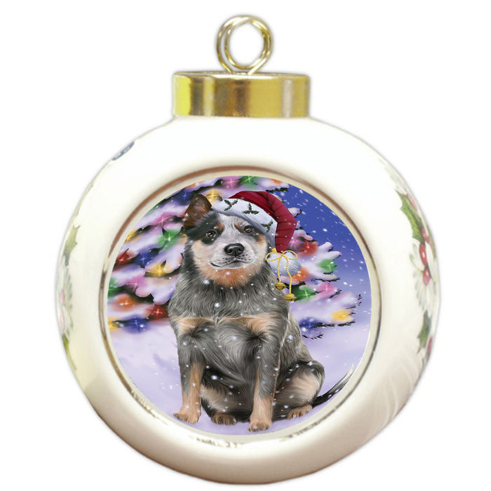 Winterland Wonderland Blue Heeler Dog In Christmas Holiday Scenic Background Round Ball Christmas Ornament RBPOR53740