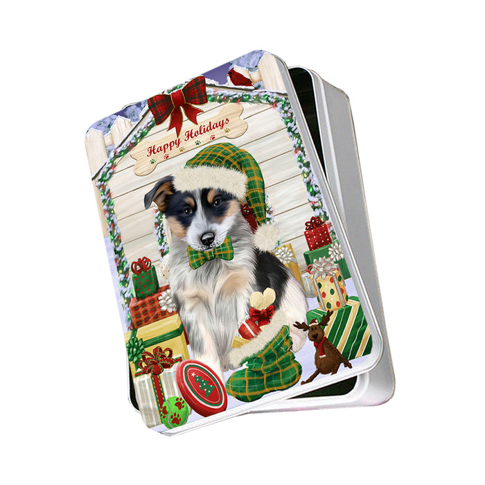 Happy Holidays Christmas Blue Heeler Dog With Presents Photo Storage Tin PITN52643