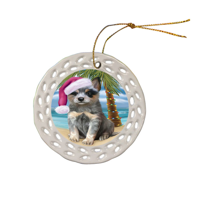 Summertime Happy Holidays Christmas Blue Heeler Dog on Tropical Island Beach Ceramic Doily Ornament DPOR54544