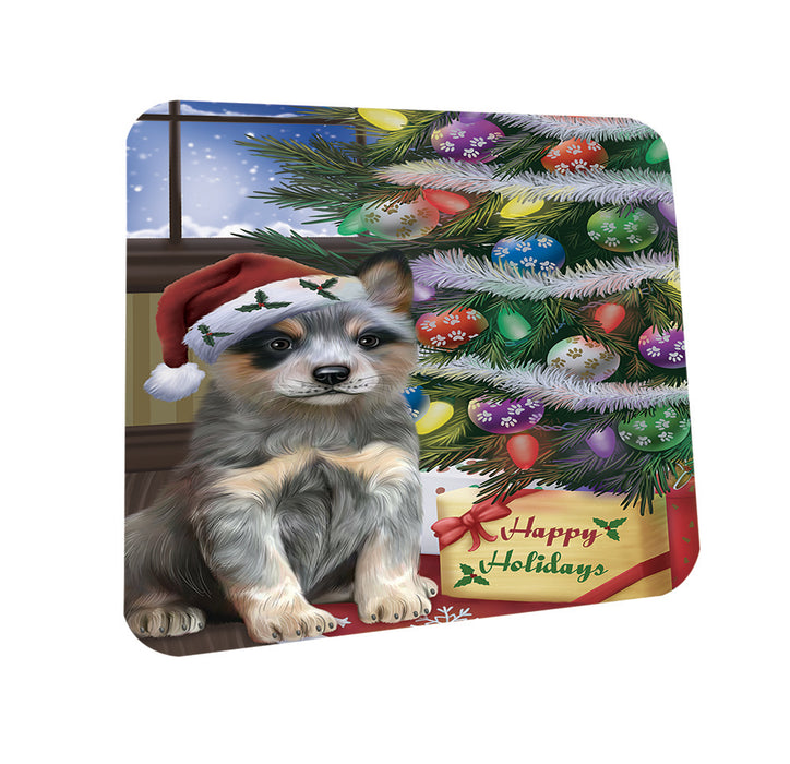 Christmas Happy Holidays Blue Heeler Dog with Tree and Presents Coasters Set of 4 CST53405