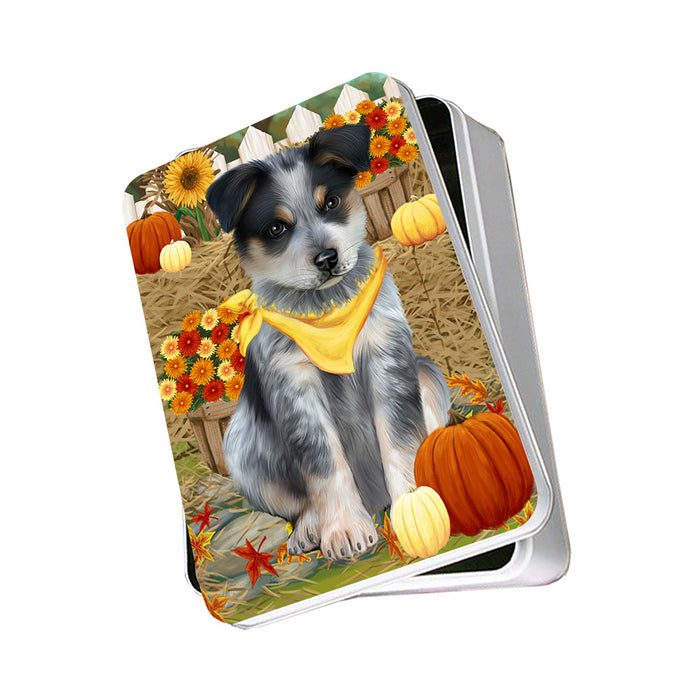 Fall Autumn Greeting Blue Heeler Dog with Pumpkins Photo Storage Tin PITN52314