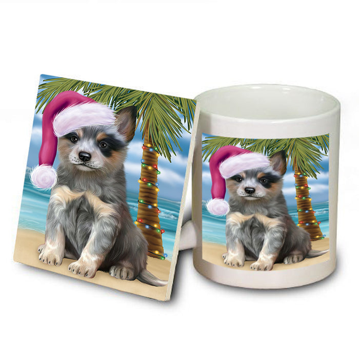 Summertime Happy Holidays Christmas Blue Heeler Dog on Tropical Island Beach Mug and Coaster Set MUC54408