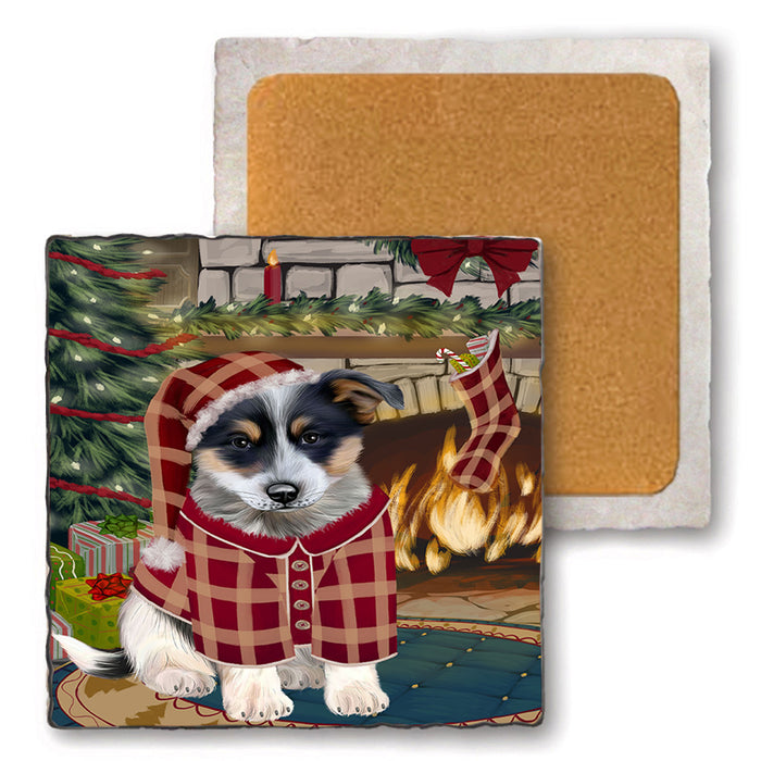 The Stocking was Hung Blue Heeler Dog Set of 4 Natural Stone Marble Tile Coasters MCST50226
