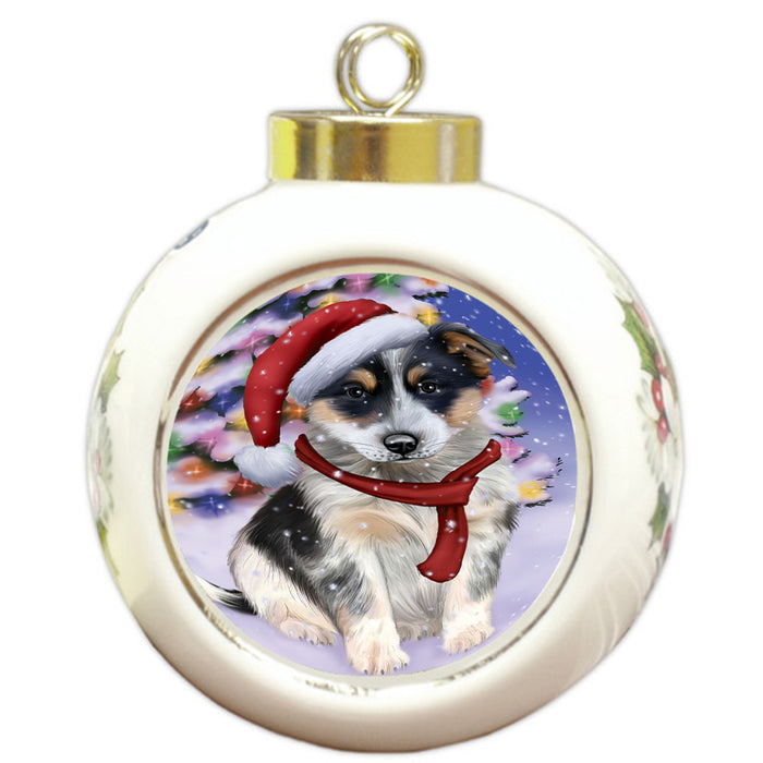 Winterland Wonderland Blue Heeler Dog In Christmas Holiday Scenic Background Round Ball Christmas Ornament RBPOR53741
