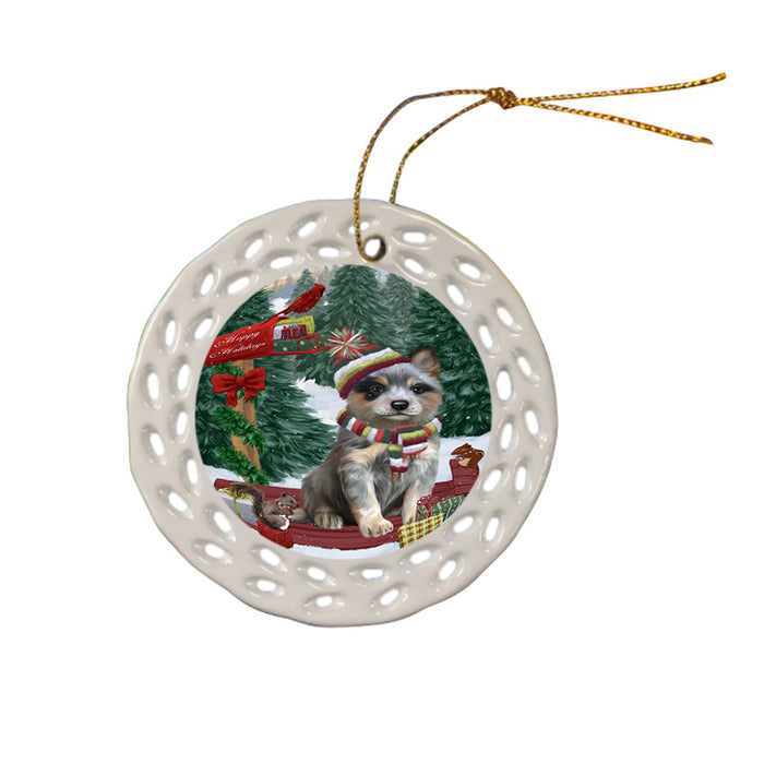 Merry Christmas Woodland Sled Blue Heeler Dog Ceramic Doily Ornament DPOR55213