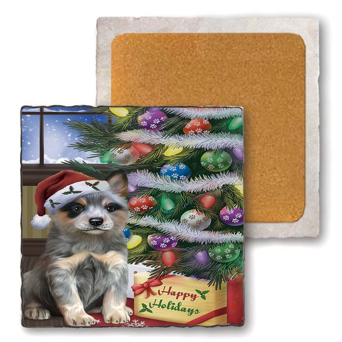 Christmas Happy Holidays Blue Heeler Dog with Tree and Presents Set of 4 Natural Stone Marble Tile Coasters MCST48447