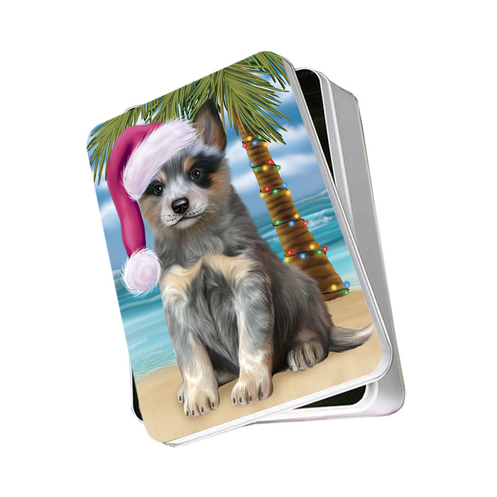 Summertime Happy Holidays Christmas Blue Heeler Dog on Tropical Island Beach Photo Storage Tin PITN54359
