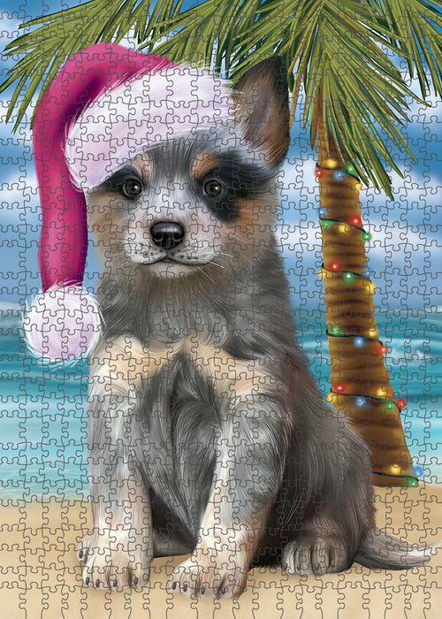 Summertime Happy Holidays Christmas Blue Heeler Dog on Tropical Island Beach Puzzle with Photo Tin PUZL85332
