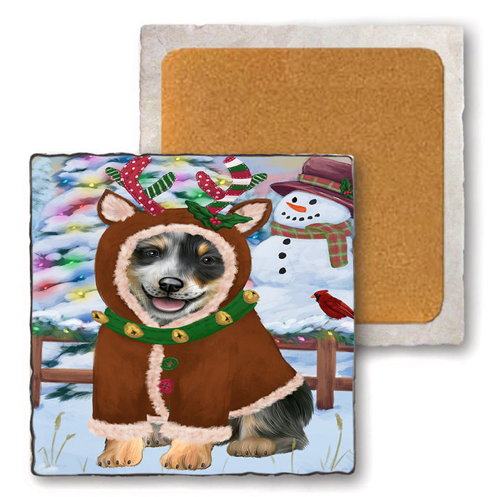 Christmas Gingerbread House Candyfest Blue Heeler Dog Set of 4 Natural Stone Marble Tile Coasters MCST51196