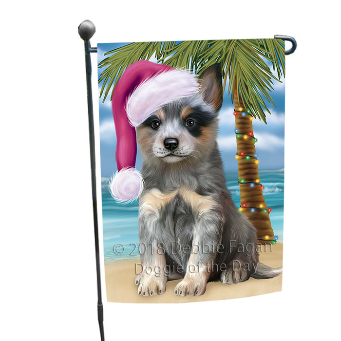 Summertime Happy Holidays Christmas Blue Heeler Dog on Tropical Island Beach Garden Flag GFLG54606