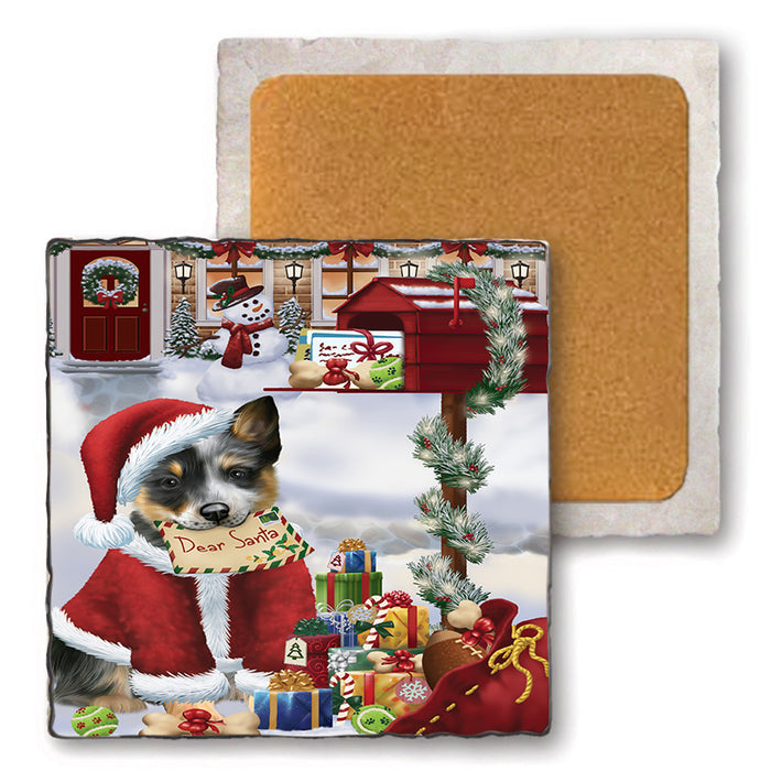 Blue Heeler Dog Dear Santa Letter Christmas Holiday Mailbox Set of 4 Natural Stone Marble Tile Coasters MCST48528