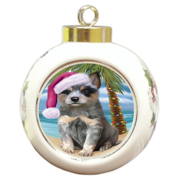 Summertime Happy Holidays Christmas Blue Heeler Dog on Tropical Island Beach Round Ball Christmas Ornament RBPOR54544