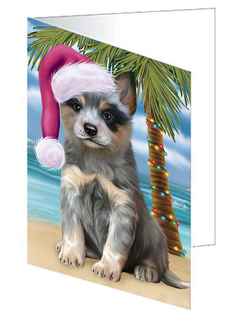 Summertime Happy Holidays Christmas Blue Heeler Dog on Tropical Island Beach Handmade Artwork Assorted Pets Greeting Cards and Note Cards with Envelopes for All Occasions and Holiday Seasons GCD67661