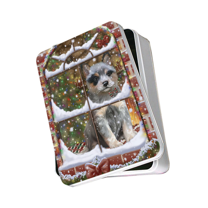 Please Come Home For Christmas Blue Heeler Dog Sitting In Window Photo Storage Tin PITN57535