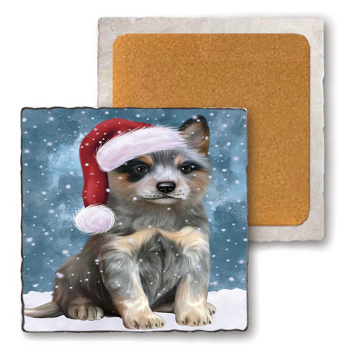 Let it Snow Christmas Holiday Blue Heeler Dog Wearing Santa Hat Set of 4 Natural Stone Marble Tile Coasters MCST49287