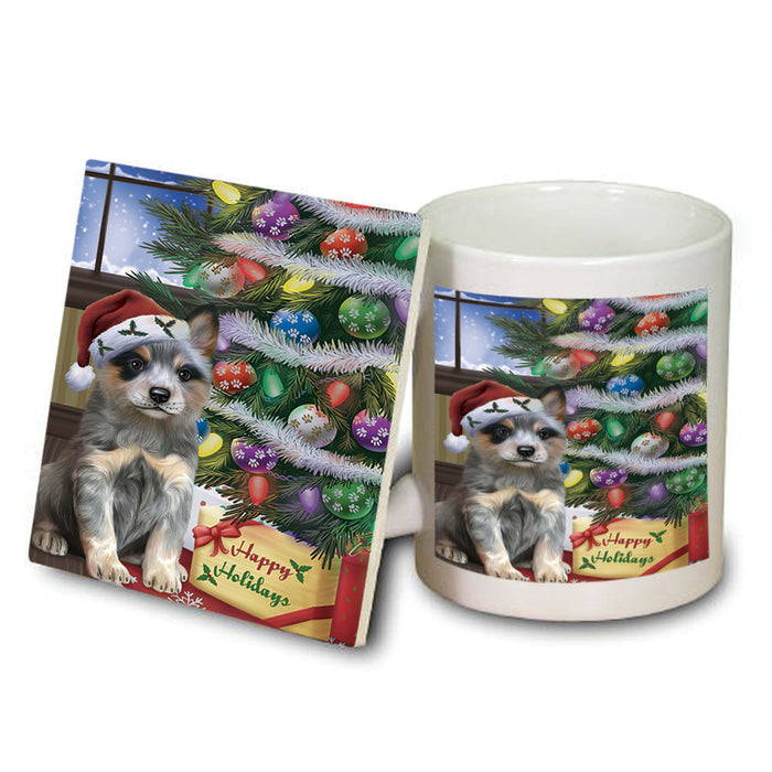 Christmas Happy Holidays Blue Heeler Dog with Tree and Presents Mug and Coaster Set MUC53439