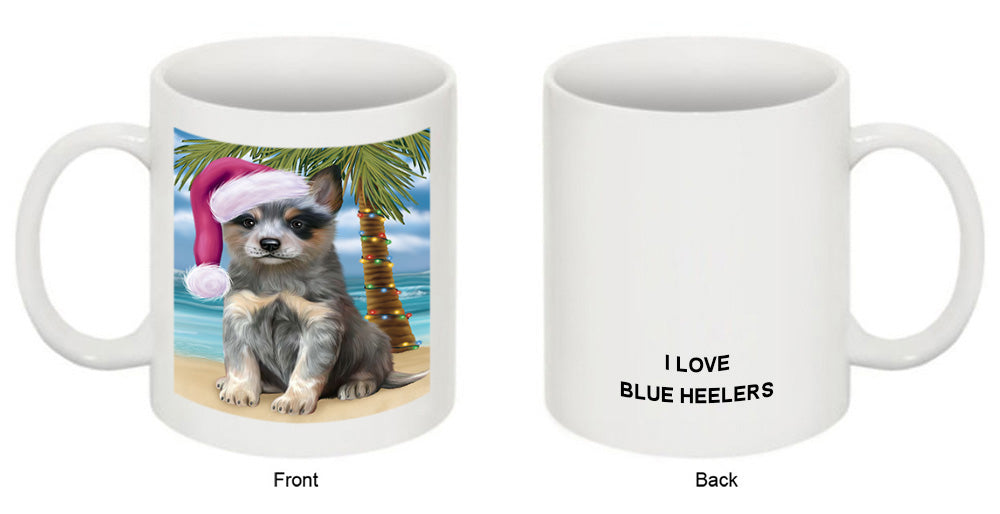 Summertime Happy Holidays Christmas Blue Heeler Dog on Tropical Island Beach Coffee Mug MUG49814