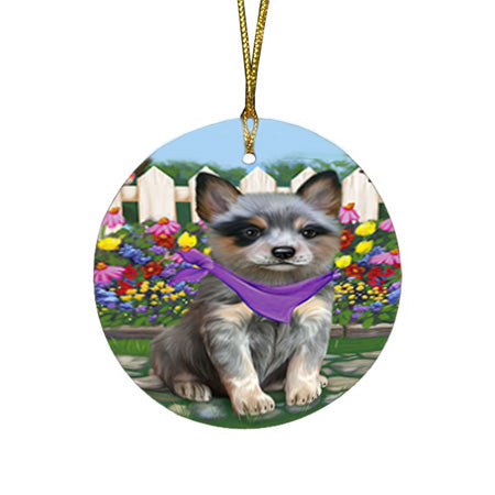 Spring Floral Blue Heeler Dog Round Flat Christmas Ornament RFPOR52234