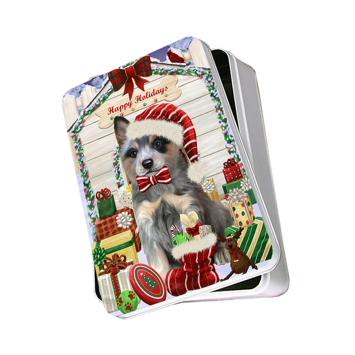 Happy Holidays Christmas Blue Heeler Dog With Presents Photo Storage Tin PITN52644