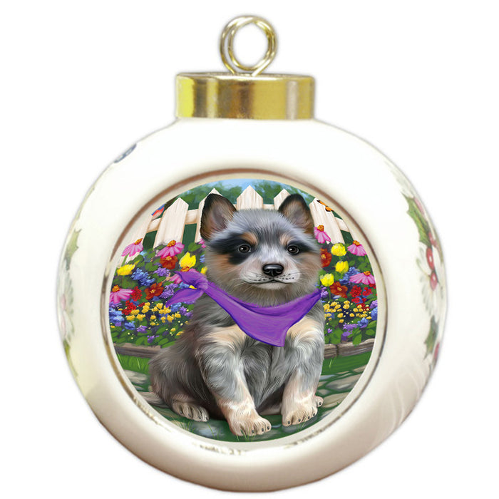 Spring Floral Blue Heeler Dog Round Ball Christmas Ornament RBPOR52243
