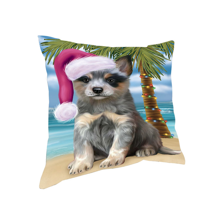 Summertime Happy Holidays Christmas Blue Heeler Dog on Tropical Island Beach Pillow PIL74800