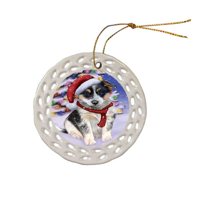 Winterland Wonderland Blue Heeler Dog In Christmas Holiday Scenic Background Ceramic Doily Ornament DPOR53741