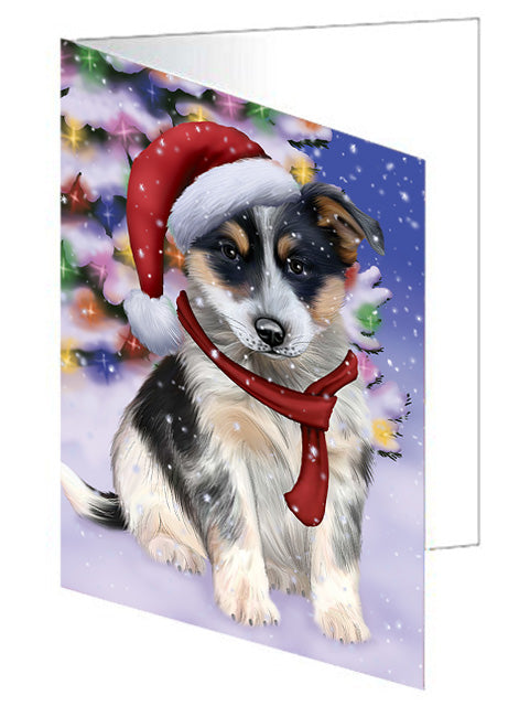 Winterland Wonderland Blue Heeler Dog In Christmas Holiday Scenic Background Handmade Artwork Assorted Pets Greeting Cards and Note Cards with Envelopes for All Occasions and Holiday Seasons GCD65252