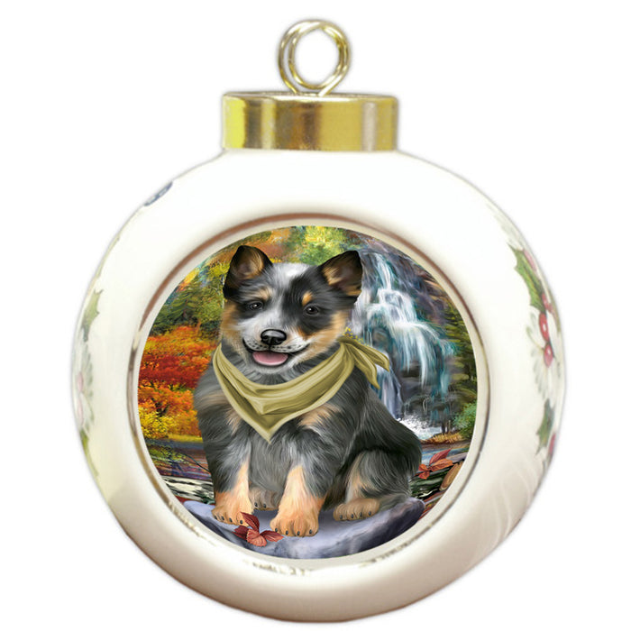 Scenic Waterfall Blue Heeler Dog Round Ball Christmas Ornament RBPOR51832