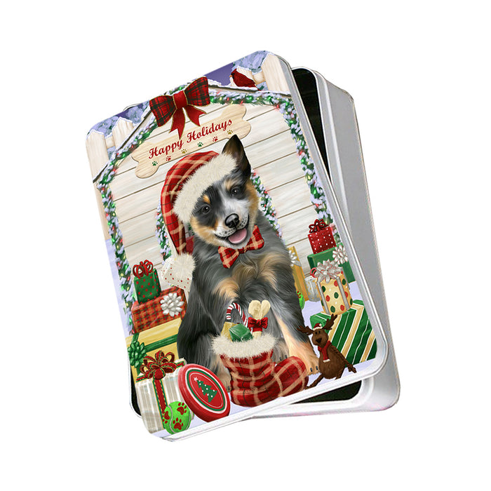 Happy Holidays Christmas Blue Heeler Dog With Presents Photo Storage Tin PITN52645
