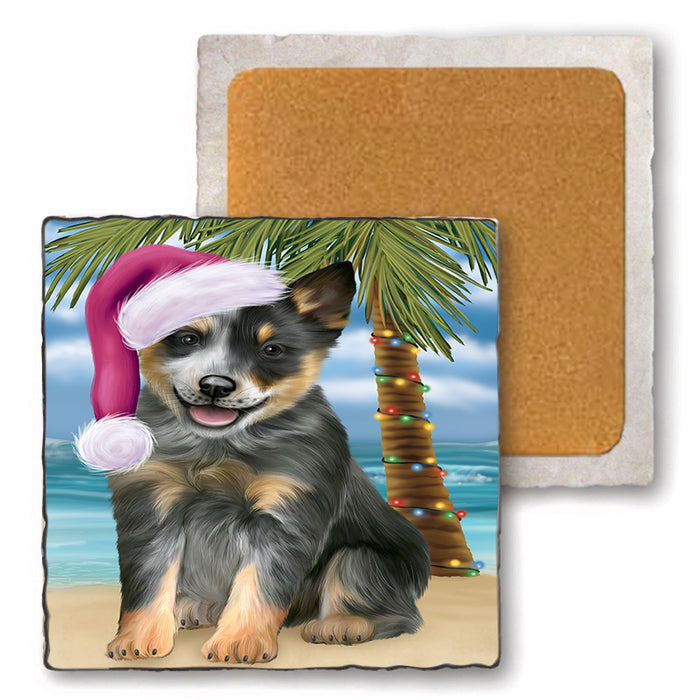 Summertime Happy Holidays Christmas Blue Heeler Dog on Tropical Island Beach Set of 4 Natural Stone Marble Tile Coasters MCST49417