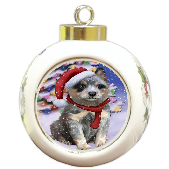 Winterland Wonderland Blue Heeler Dog In Christmas Holiday Scenic Background Round Ball Christmas Ornament RBPOR53742