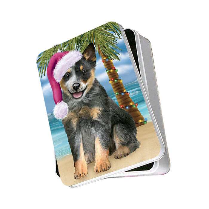 Summertime Happy Holidays Christmas Blue Heeler Dog on Tropical Island Beach Photo Storage Tin PITN54360