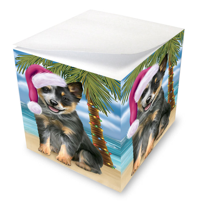 Summertime Happy Holidays Christmas Blue Heeler Dog on Tropical Island Beach Note Cube NOC56063