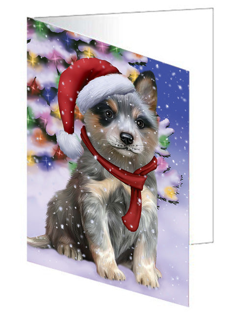 Winterland Wonderland Blue Heeler Dog In Christmas Holiday Scenic Background Handmade Artwork Assorted Pets Greeting Cards and Note Cards with Envelopes for All Occasions and Holiday Seasons GCD65255