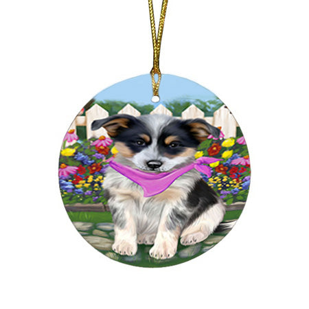 Spring Floral Blue Heeler Dog Round Flat Christmas Ornament RFPOR52235