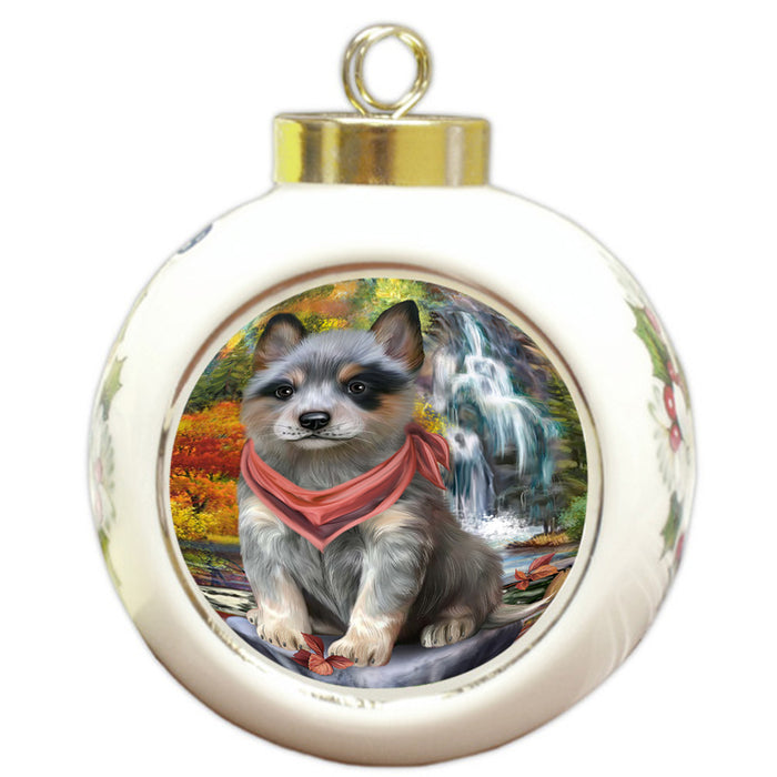 Scenic Waterfall Blue Heeler Dog Round Ball Christmas Ornament RBPOR51833