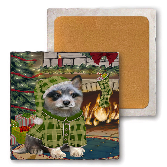 The Stocking was Hung Blue Heeler Dog Set of 4 Natural Stone Marble Tile Coasters MCST50227