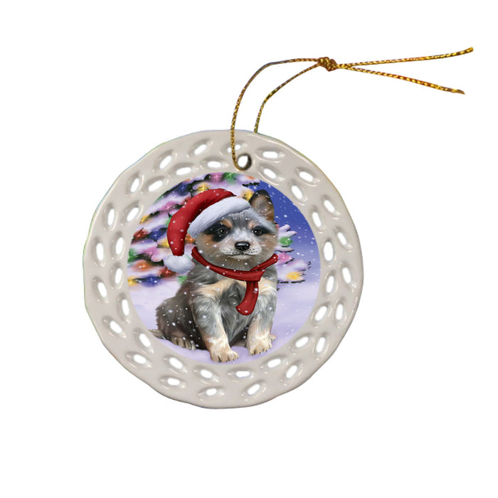 Winterland Wonderland Blue Heeler Dog In Christmas Holiday Scenic Background Ceramic Doily Ornament DPOR53742