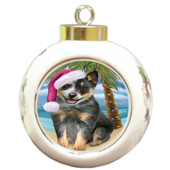 Summertime Happy Holidays Christmas Blue Heeler Dog on Tropical Island Beach Round Ball Christmas Ornament RBPOR54545