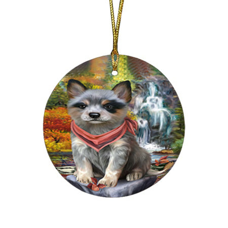 Scenic Waterfall Blue Heeler Dog Round Flat Christmas Ornament RFPOR51824