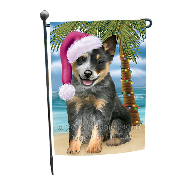 Summertime Happy Holidays Christmas Blue Heeler Dog on Tropical Island Beach Garden Flag GFLG54607