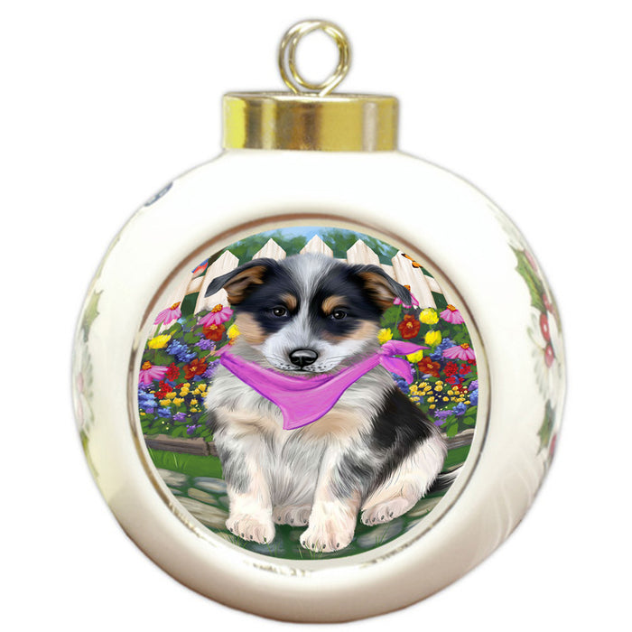 Spring Floral Blue Heeler Dog Round Ball Christmas Ornament RBPOR52244