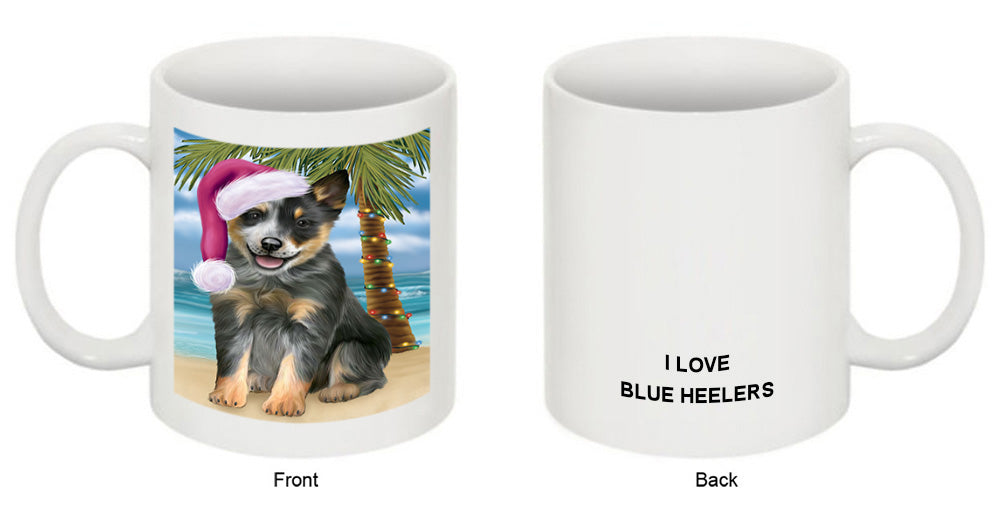 Summertime Happy Holidays Christmas Blue Heeler Dog on Tropical Island Beach Coffee Mug MUG49815