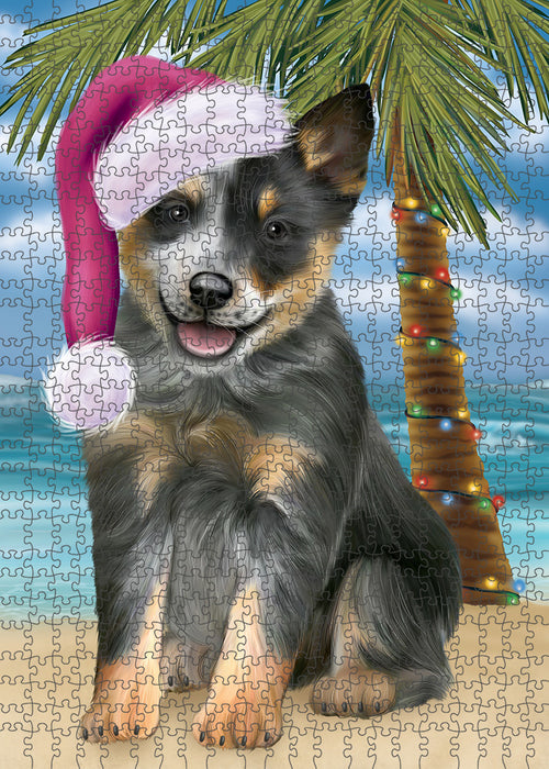 Summertime Happy Holidays Christmas Blue Heeler Dog on Tropical Island Beach Puzzle with Photo Tin PUZL85336