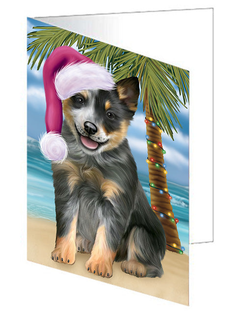 Summertime Happy Holidays Christmas Blue Heeler Dog on Tropical Island Beach Handmade Artwork Assorted Pets Greeting Cards and Note Cards with Envelopes for All Occasions and Holiday Seasons GCD67664