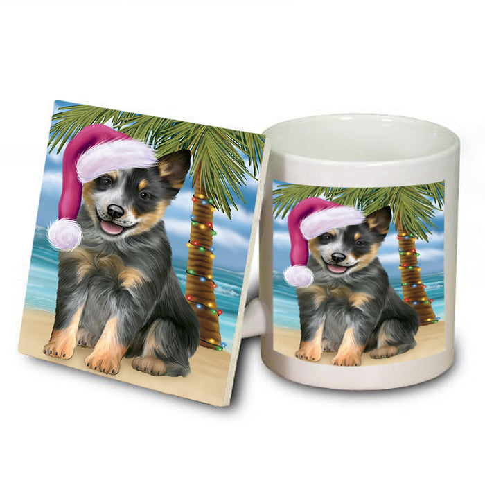 Summertime Happy Holidays Christmas Blue Heeler Dog on Tropical Island Beach Mug and Coaster Set MUC54409