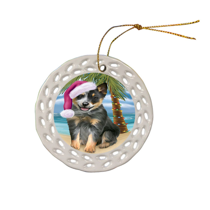 Summertime Happy Holidays Christmas Blue Heeler Dog on Tropical Island Beach Ceramic Doily Ornament DPOR54545