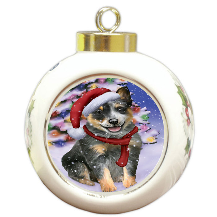 Winterland Wonderland Blue Heeler Dog In Christmas Holiday Scenic Background Round Ball Christmas Ornament RBPOR53743