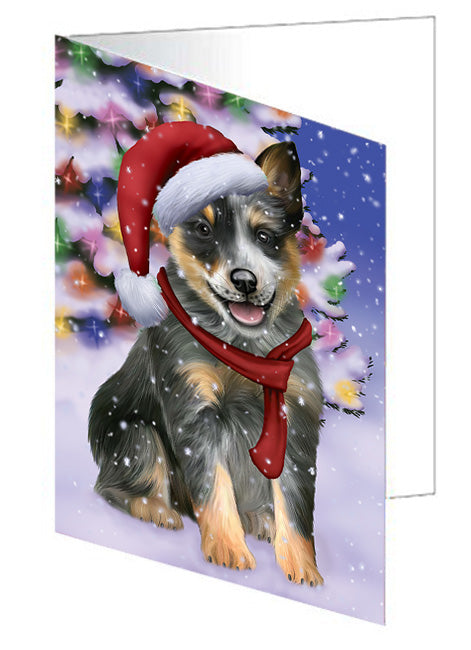 Winterland Wonderland Blue Heeler Dog In Christmas Holiday Scenic Background Handmade Artwork Assorted Pets Greeting Cards and Note Cards with Envelopes for All Occasions and Holiday Seasons GCD65258