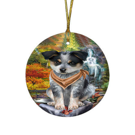 Scenic Waterfall Blue Heeler Dog Round Flat Christmas Ornament RFPOR51825